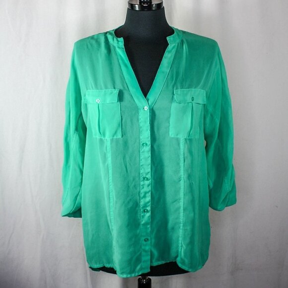 Candie's Sheer Green Button Down Blouse Hi Low Button Tab Sleeves Size M - Picture 1 of 5